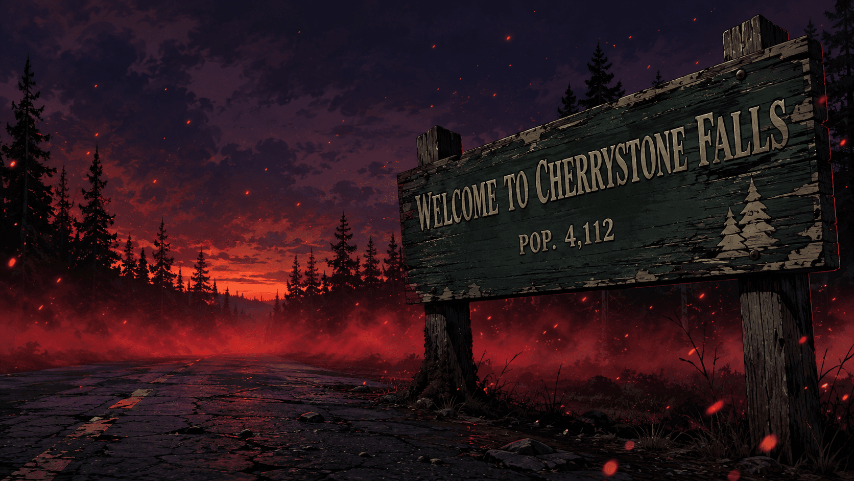 A weathered wooden sign reading Welcome to Cherrystone Falls, Pop. 4,112, beside a foggy road under a red twilight sky